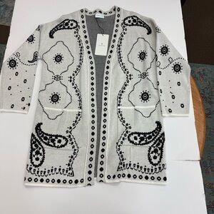 ESSITAM Cardigan Bohochic Soft Cardigan Black /White Cashmere Cotton  NWT